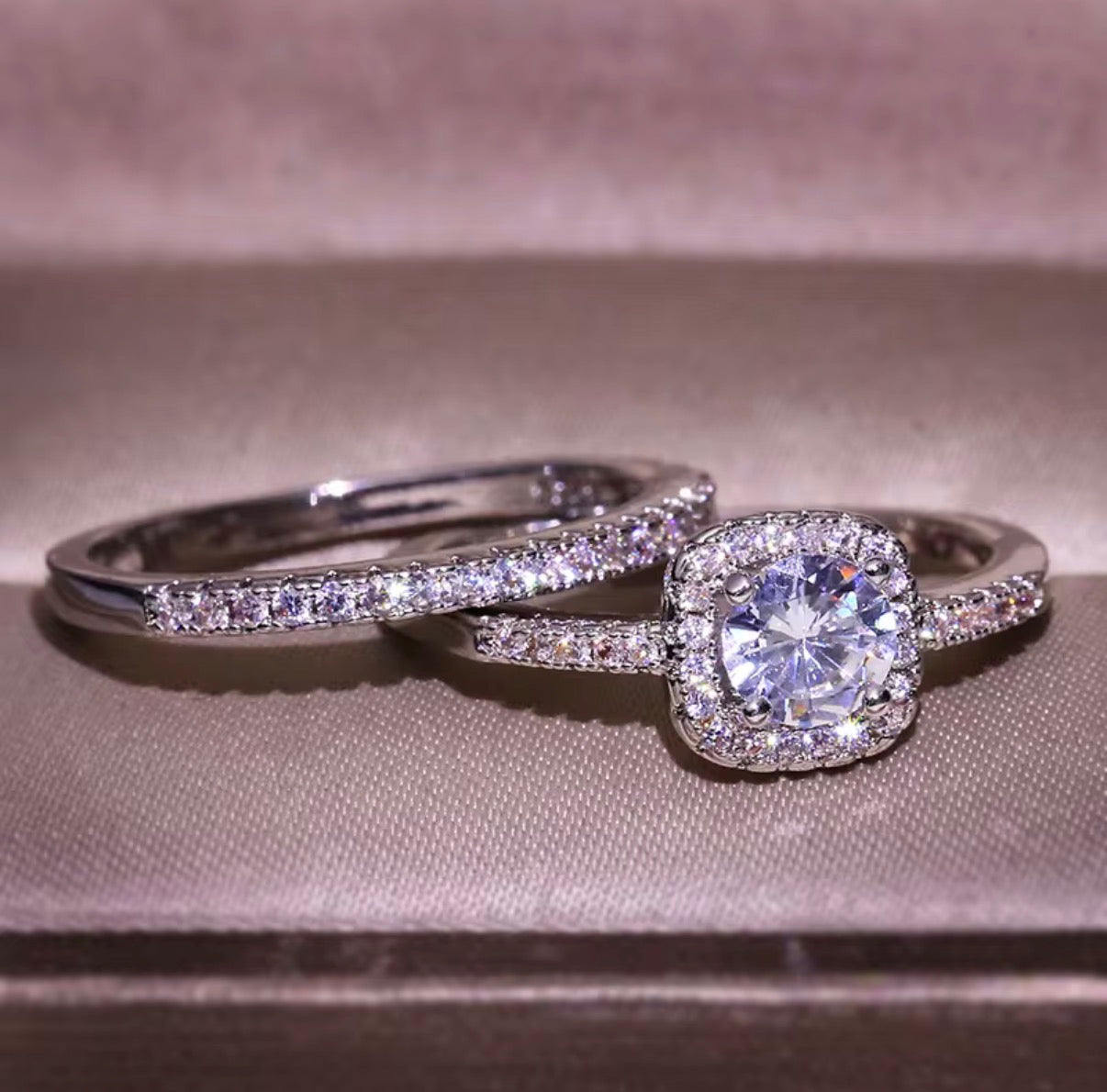 Luna- Set of 2 Platinum Plated Pave design Rings featuring Round cut Cubic Zirconia Stone