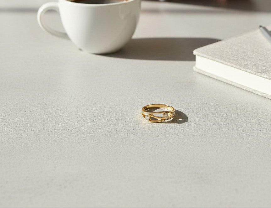 Steph- 18K Gold Plated Multi-layer Dainty Zirconia Hollow Waved Ring