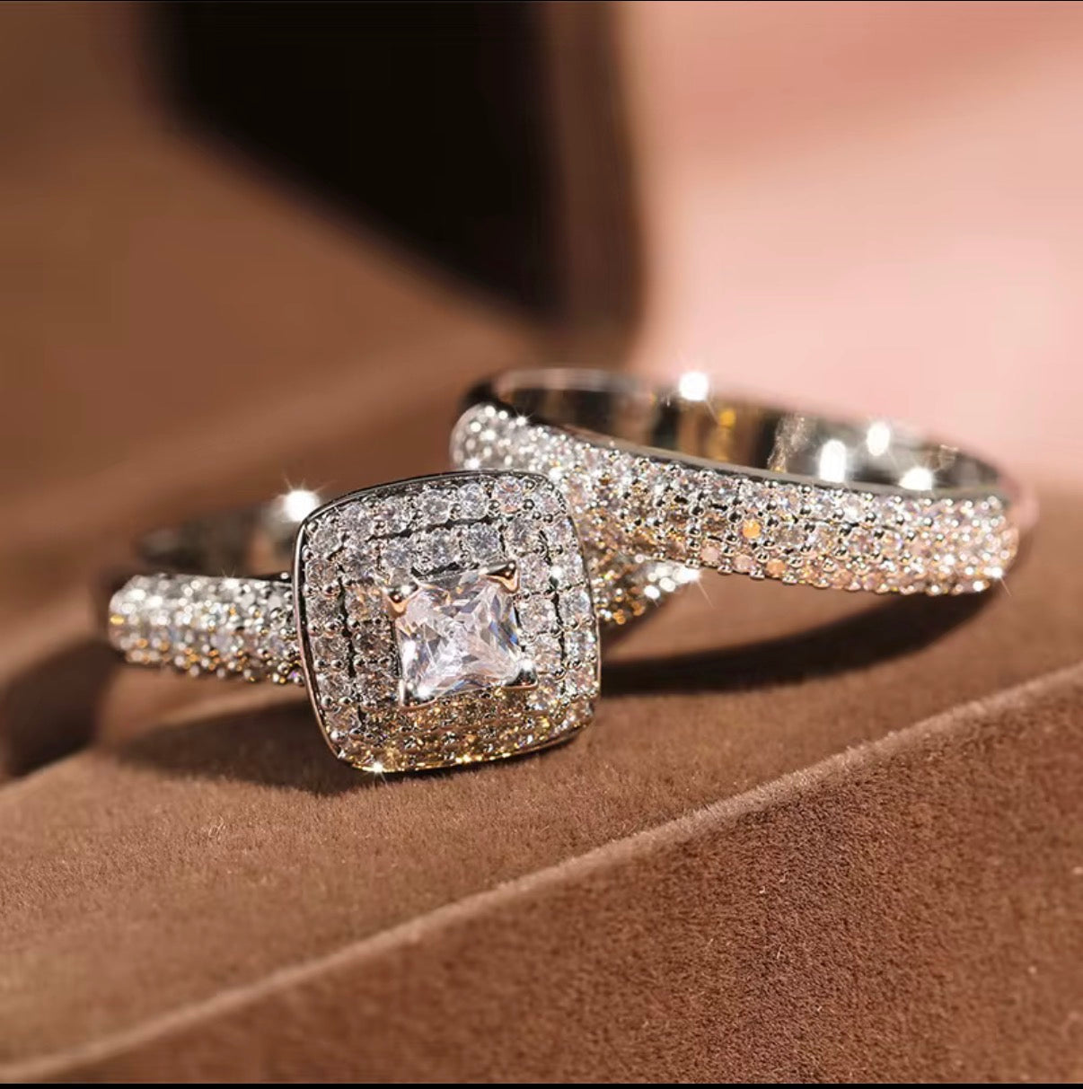 Eva- Square Cut Zirconia Diamond with Pave design band (set of 2 rings) | Platinum Plated