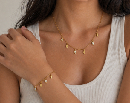 Aysha- 18K Gold Plated Leaf Necklace and Bracelet set with Zircon Stones