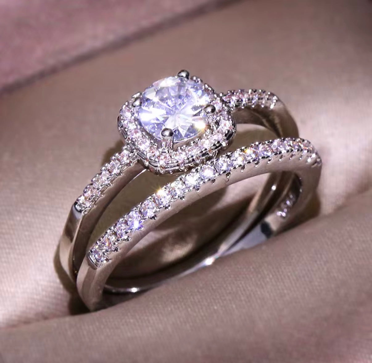 Luna- Set of 2 Platinum Plated Pave design Rings featuring Round cut Cubic Zirconia Stone