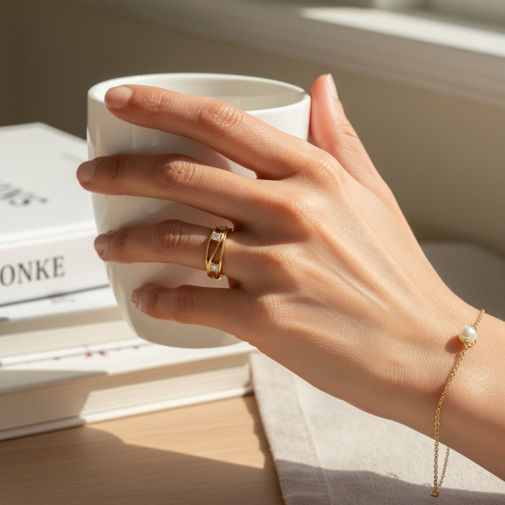 Steph- 18K Gold Plated Multi-layer Dainty Zirconia Hollow Waved Ring