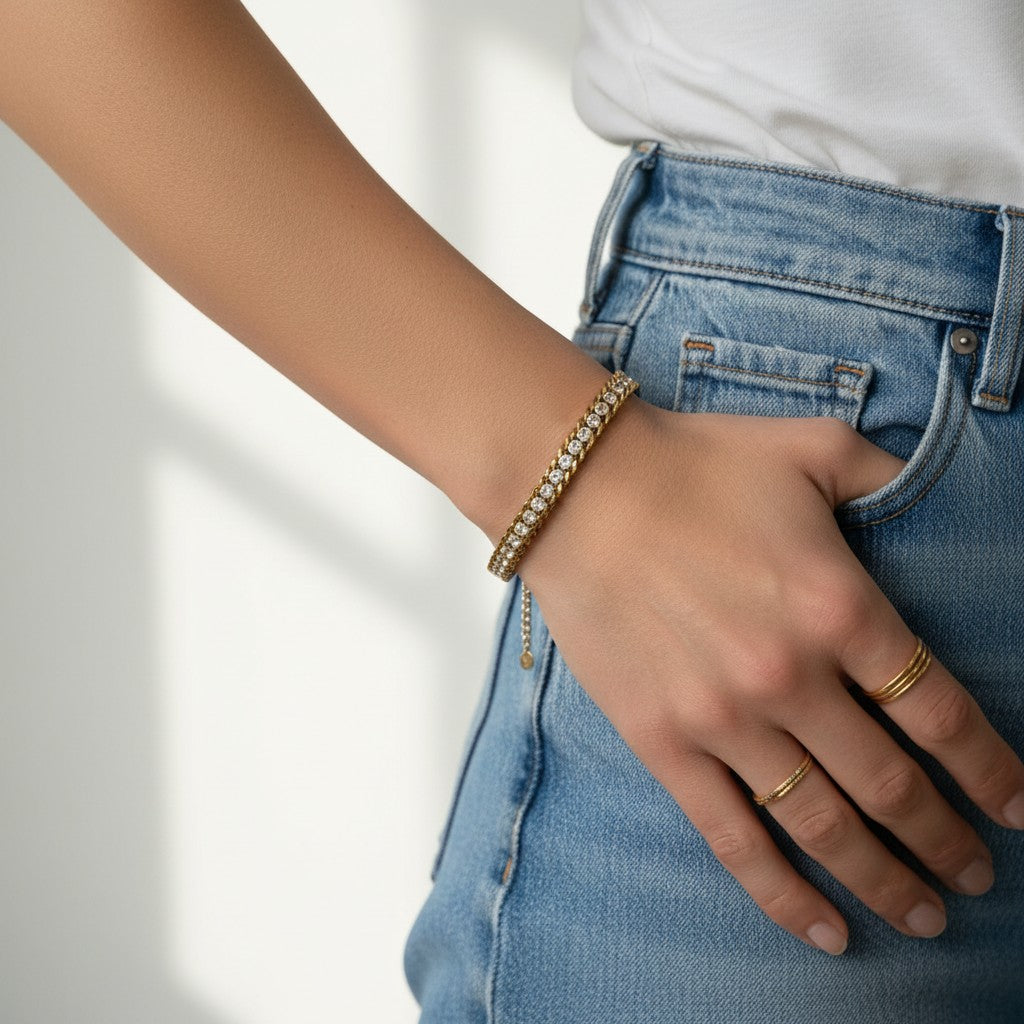 Sareena- 18K Gold Plated Double Layer Cuban Chain with Zirconia Pave Design bracelet