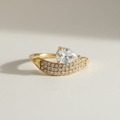 Sheba- 18K Gold Plated Zircon Tear Drop on a Pave Ring