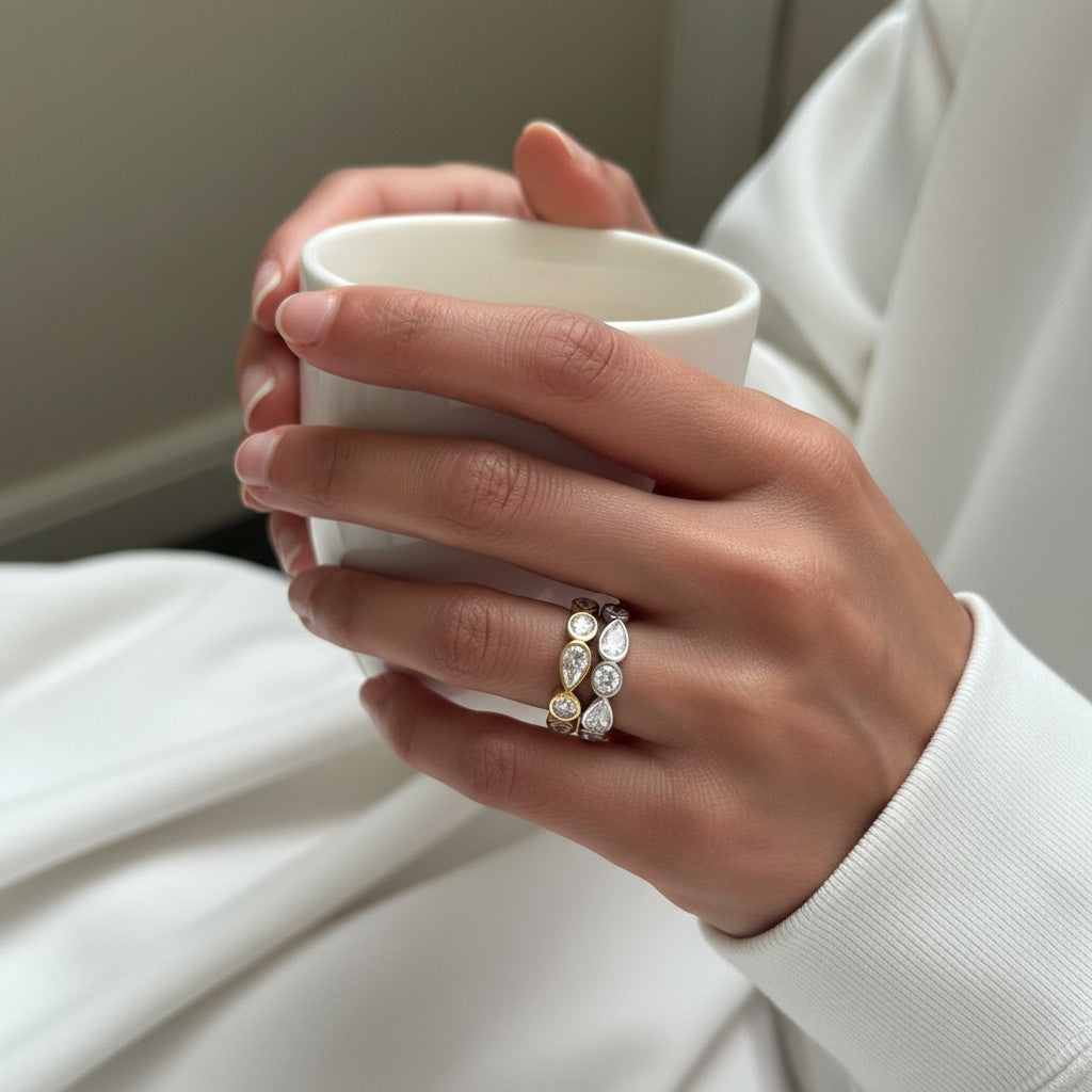 Charlie- 18K Gold Plated Bezel setting Tear drop & Round Cut Zircon Ring