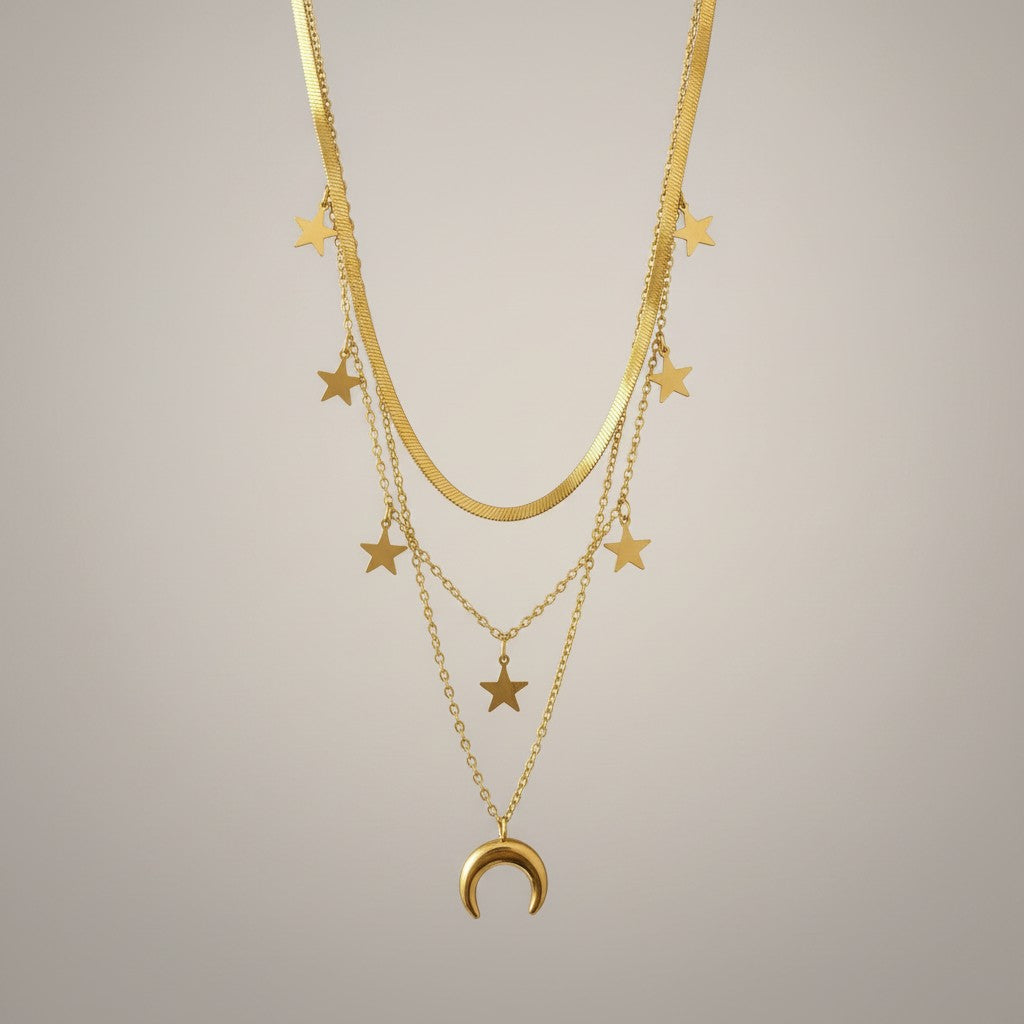 Skye| 18K Gold Plated Triple Layer Star & Moon Charm Necklace