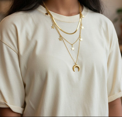 Skye| 18K Gold Plated Triple Layer Star & Moon Charm Necklace