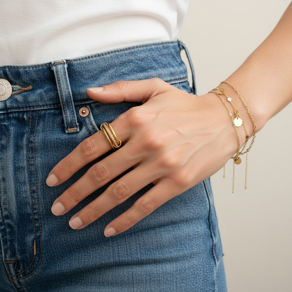 Nicole – 18K Gold Plated Thin Three Interlocking Stack Ring with Zirconia Pavé Band