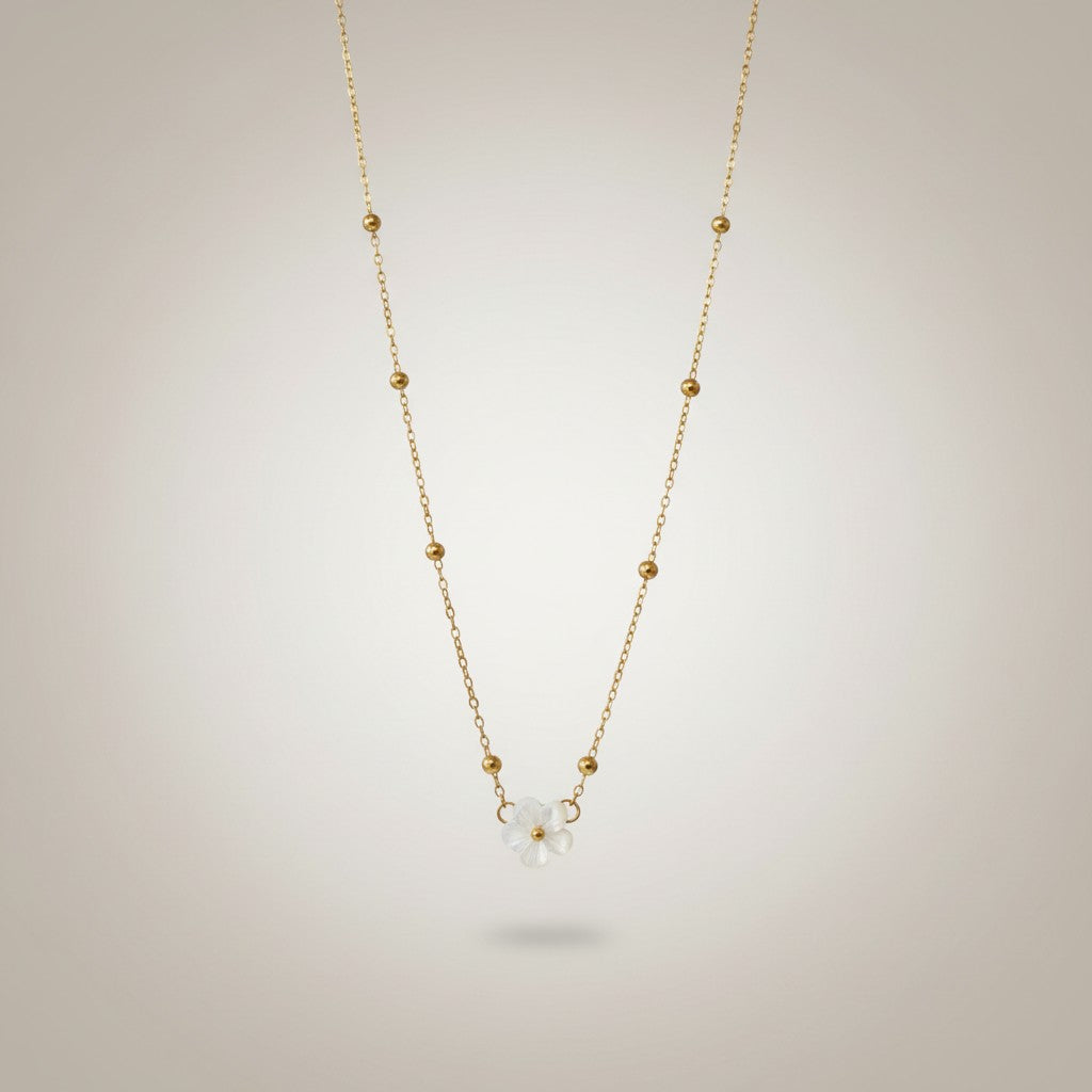Mariah – 18K Gold Plated Ball Necklace with White Flower Pendant