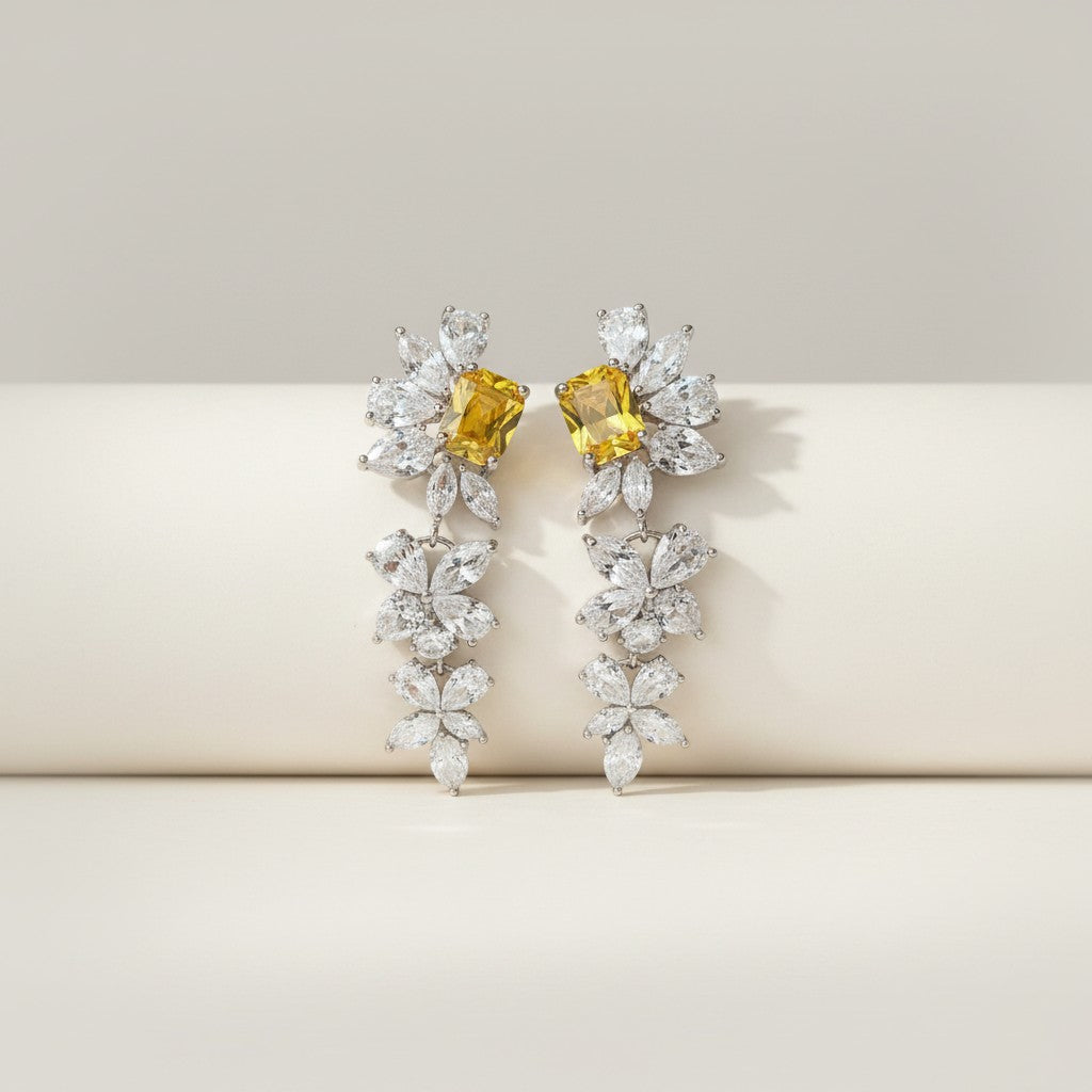 Zoya- Half Yellow Flower Cubic Zirconia Platinum Plated Earrings