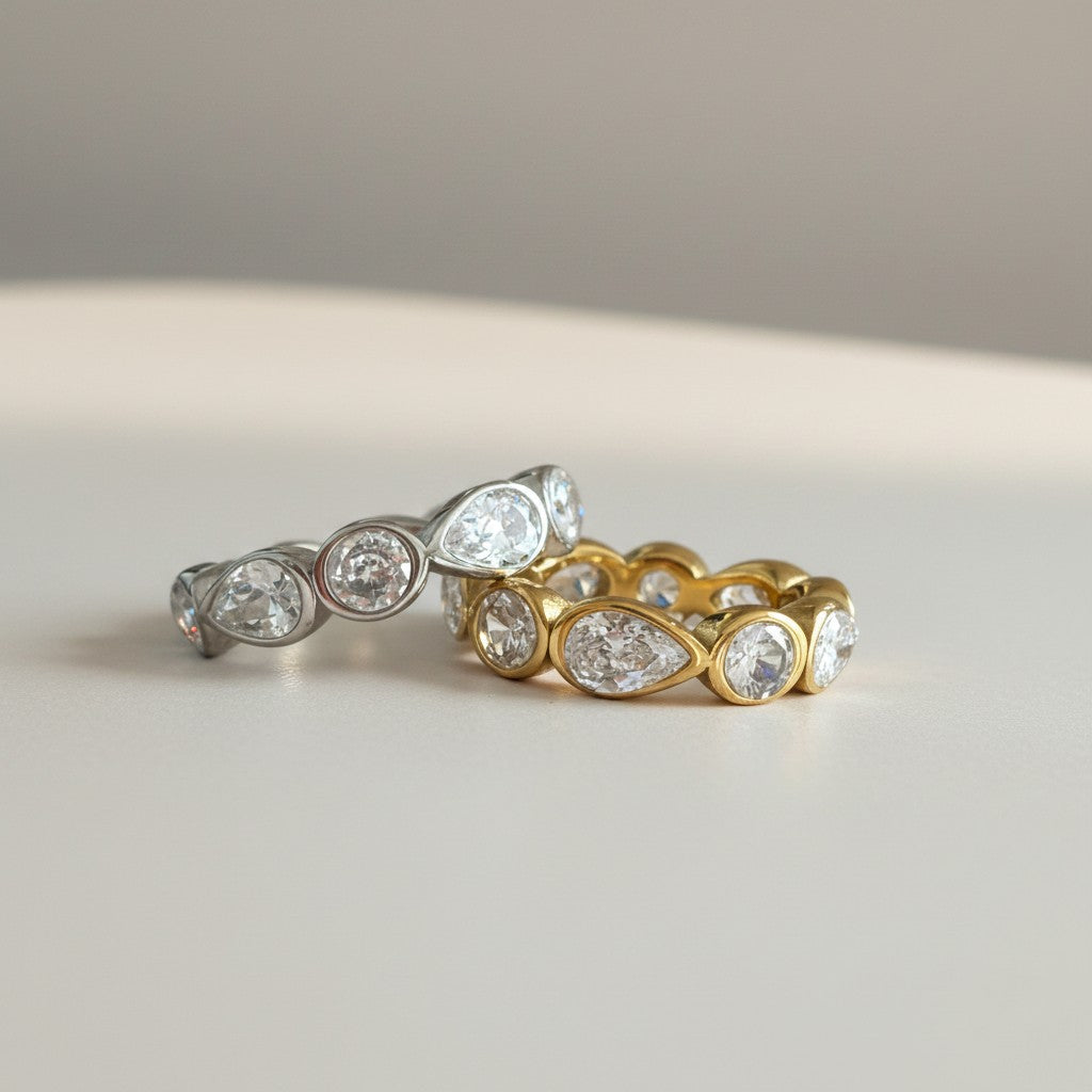 Charlie- 18K Gold Plated Bezel setting Tear drop & Round Cut Zircon Ring