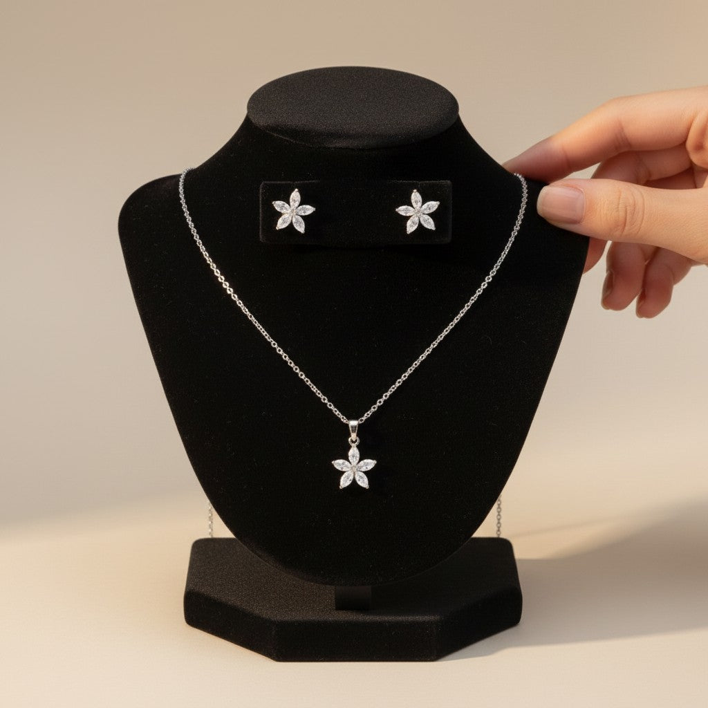 Yash- Flower Cubic Zirconia Platinum Plated Jewellery Set