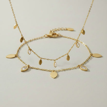 Aysha- 18K Gold Plated Leaf Necklace and Bracelet set with Zircon Stones