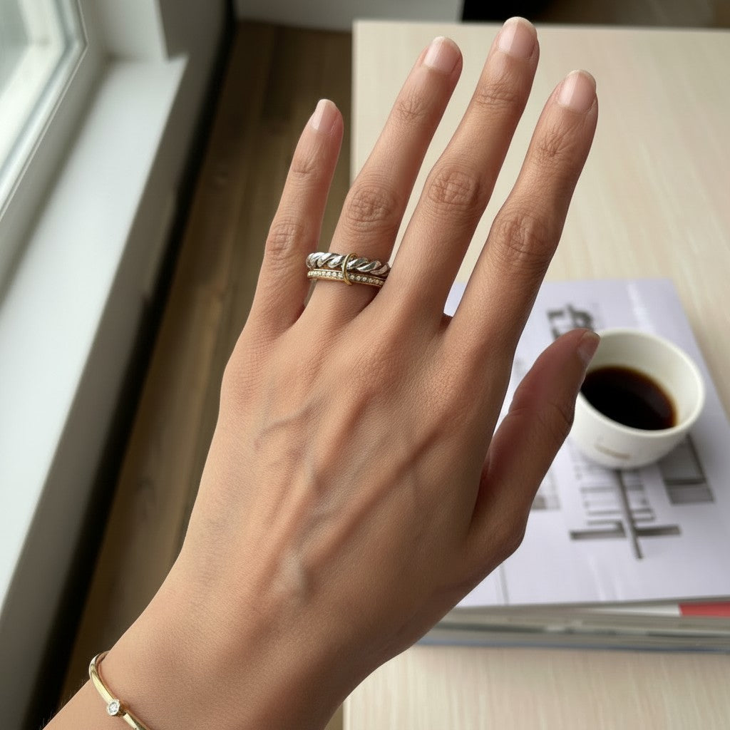 Zuni – 18K Gold Plated 2 Interlocking Rings Mixed metal with Zirconia Pavé Band