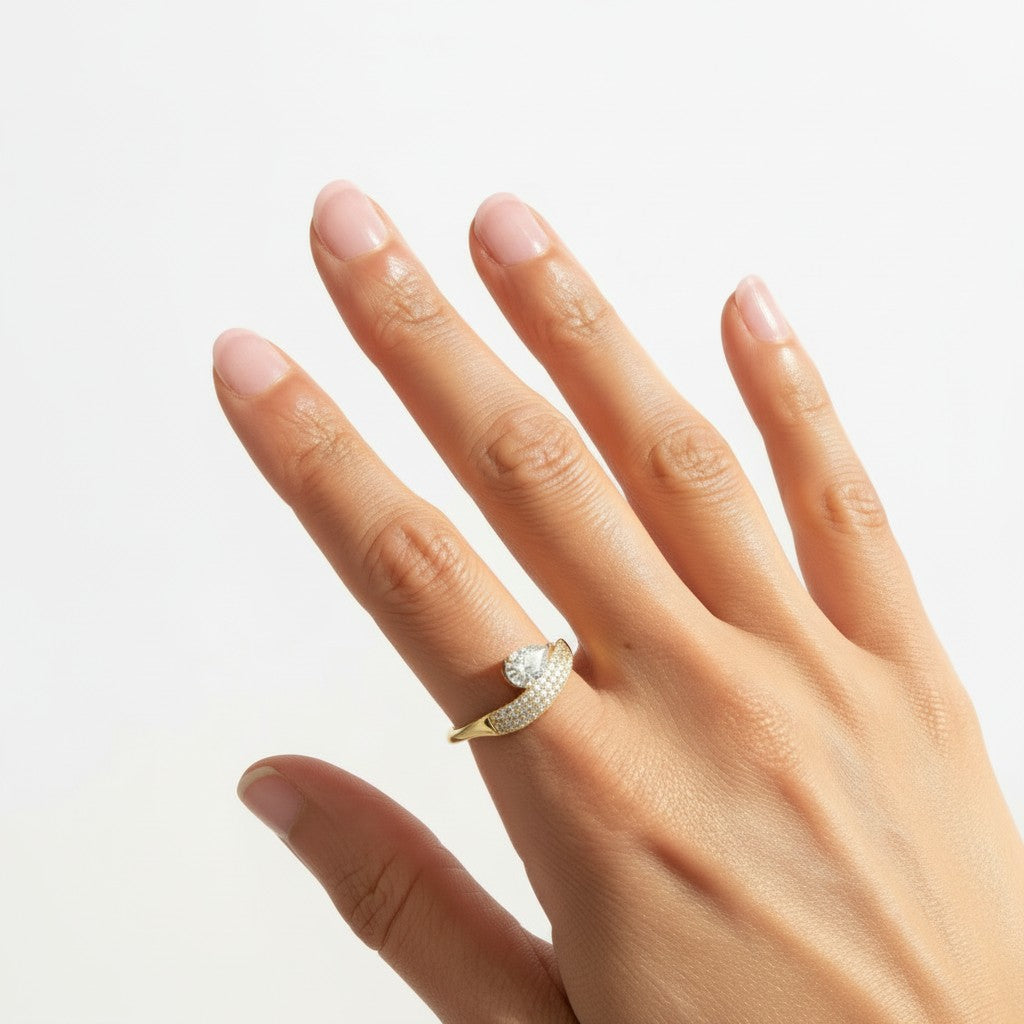 Sheba- 18K Gold Plated Zircon Tear Drop on a Pave Ring