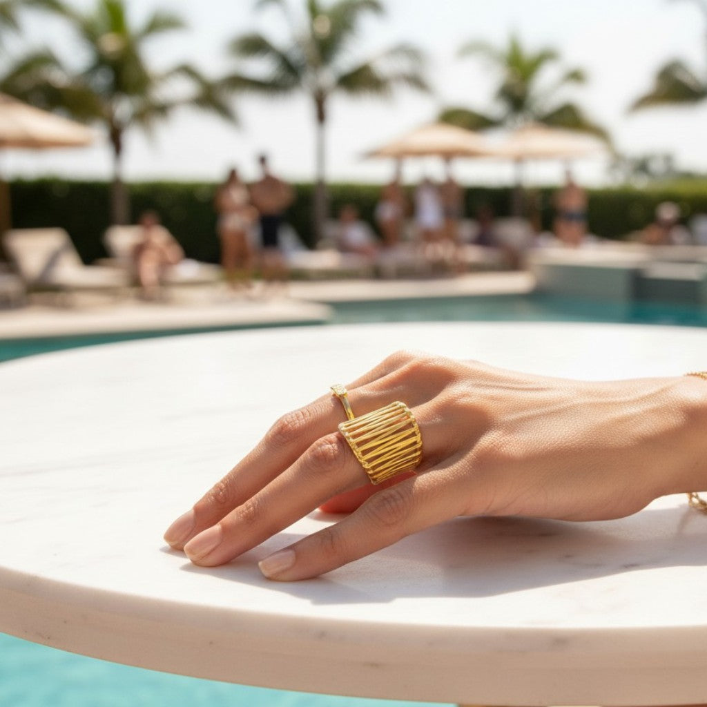 Lena – 18K Gold Plated Wide Geometric Cut-Out Adjustable Ring