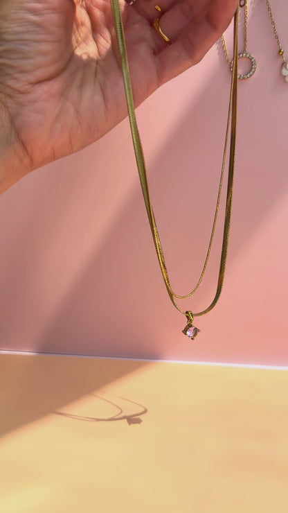 Frishta | 18K Gold Plated Double Layer Zirconia Necklace | Pink & Clear